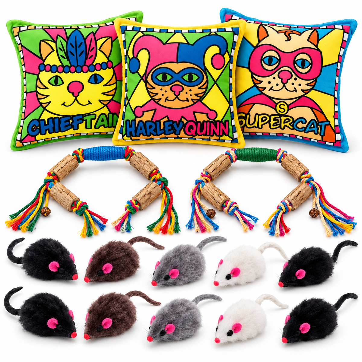 ELANOX Katzenspielzeug Set: 10 Spielmäuse, 3 Katzenminze Kissen und 2 Matatabi Kauspielzeuge